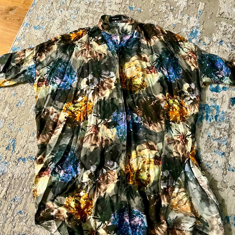Eskandar Blue and Gold floral Oversized Button Down Shirt. Size 1